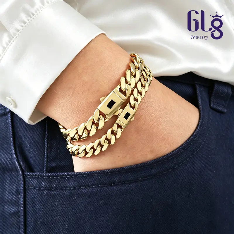 14K Gold Vacuum Plated Stainless Steel Miami Cuban Link Chain 6-14mm Bracelet for Women & Men Luxury Jewelry,Fashion, Chicano, Classic, Hip Hop, Valentine's Day Gift Hypoallergenic Material, Sweat-Resistant, Chunky Gold Plated Bracelet for Streetwear