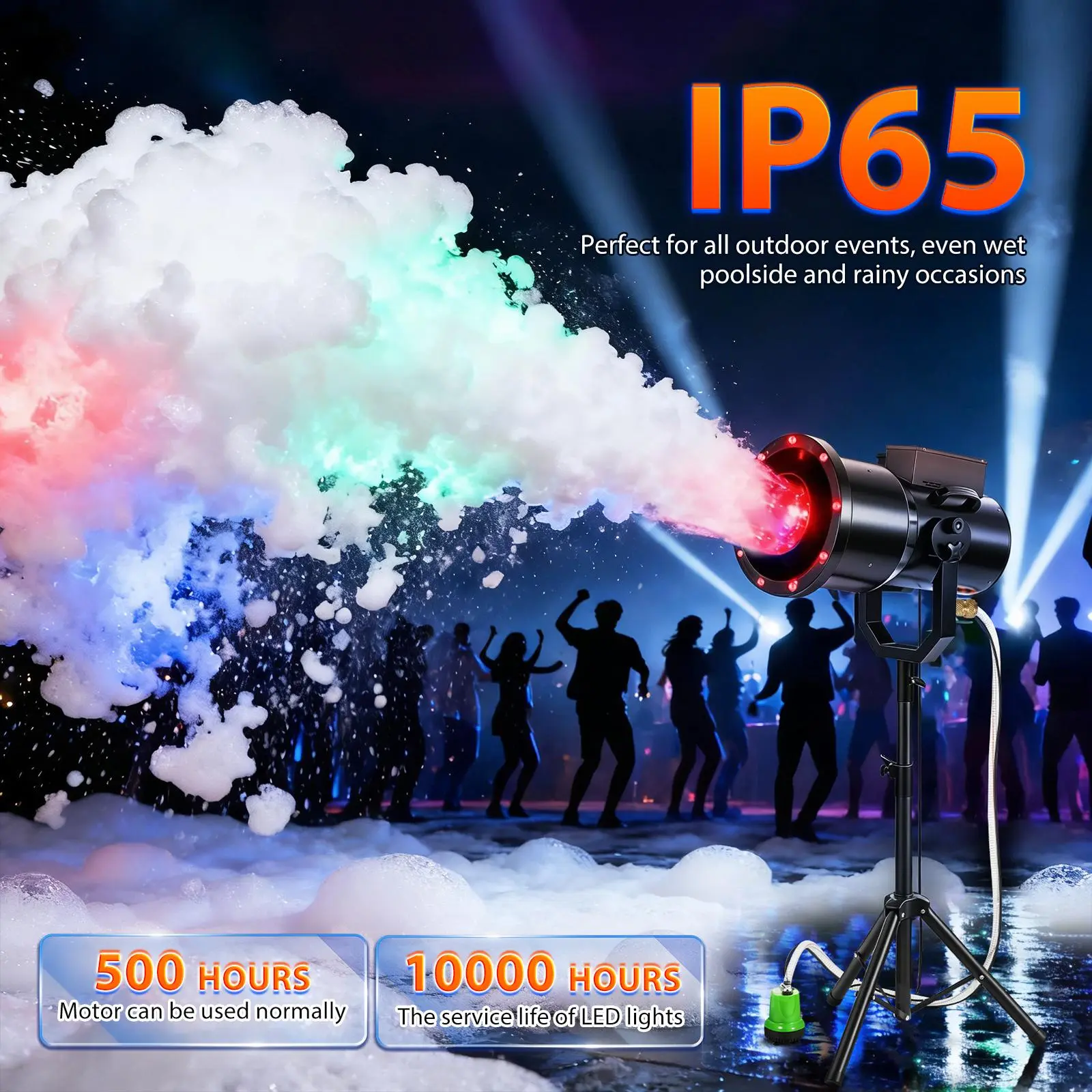 Metal Party Foam Machine with 9 RGB LED Lights, Adjustable Volume & Spray Angle, Lightweight Portable Weather-Proof Tripod, Foam Cloud for Indoor Outdoor Party Vibe Events