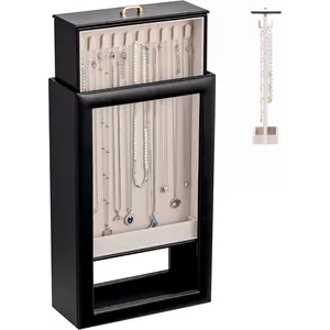 Upgraded Double-Sided  Necklace Organizer Box,  Display Case with Double-Sided Clear Window for Necklaces Bracelets, -Free Necklace Storage Box, Black, 1-Layer 20 Hooks