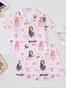 Dreamy Witch Princess Short Sleeve Shorts Pajama Set, Casual Fitted Loungewear, All Seasons, Cartoon Magic Design