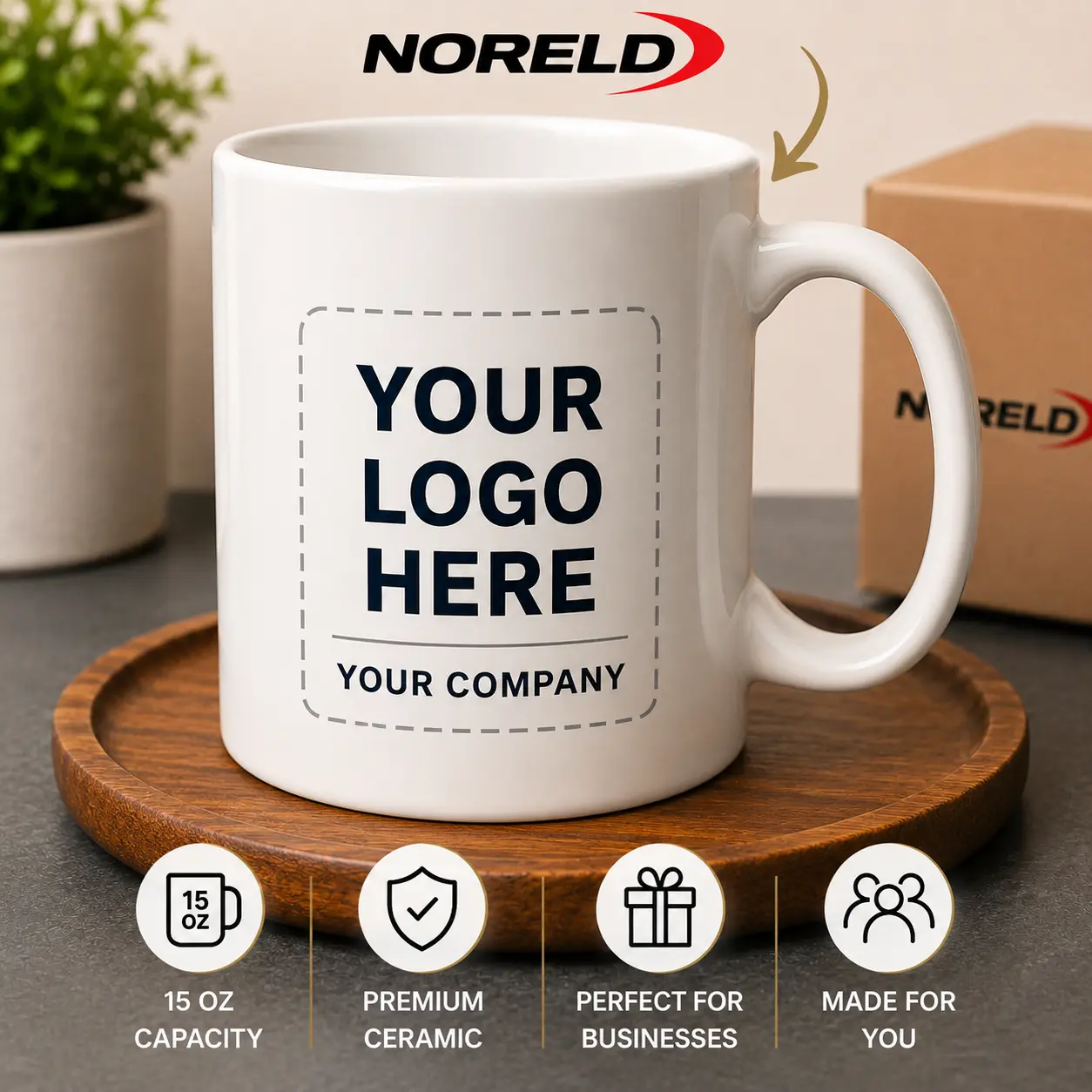 NORELD Custom Logo Mug for Business | 15 oz Personalized Ceramic Coffee Cup | Company Branding | Promotional Gift