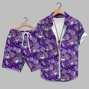 Gengar Inspired Hawaiian Shirt, Ghost Anime Tropical Shirt, Dark Aesthetic Aloha Shirt, Kawaii Cartoon Summer Beach Vacation Outfit