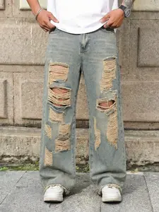 Men's Street Style Loose Jeans with Vintage Stone Wash, Re-Distressed Torn Hem, Y2K Apocalyptic Style Daily Streetwear Pants. Ideal for spring, summer, and autumn street fashion. Perfect gift for husbands or boyfriends.