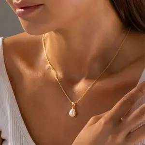 Turandoss 14K Gold Plated Pearl Necklace for Women - Hypoallergenic Teardrop Pearl Pendant - Elegant Tiny Jewelry Gift for Her