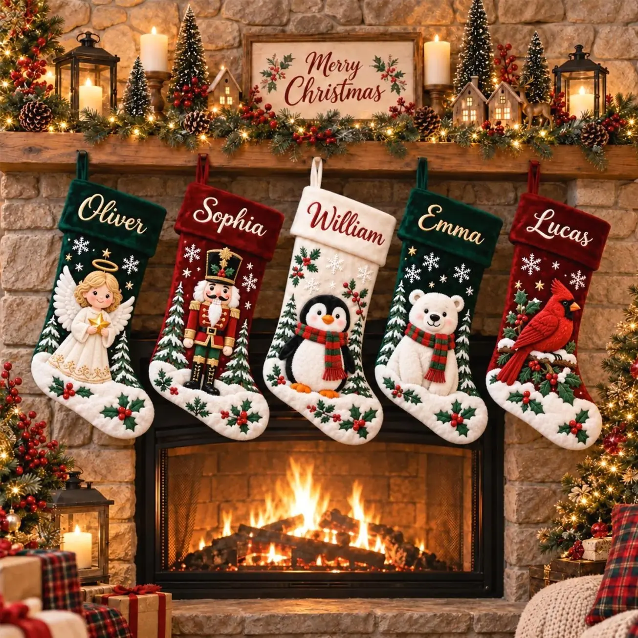 Personalized Christmas Stocking with Name, Vintage Holiday Stocking, Family Fireplace Mantel Decor, Custom Xmas Stocking Gift