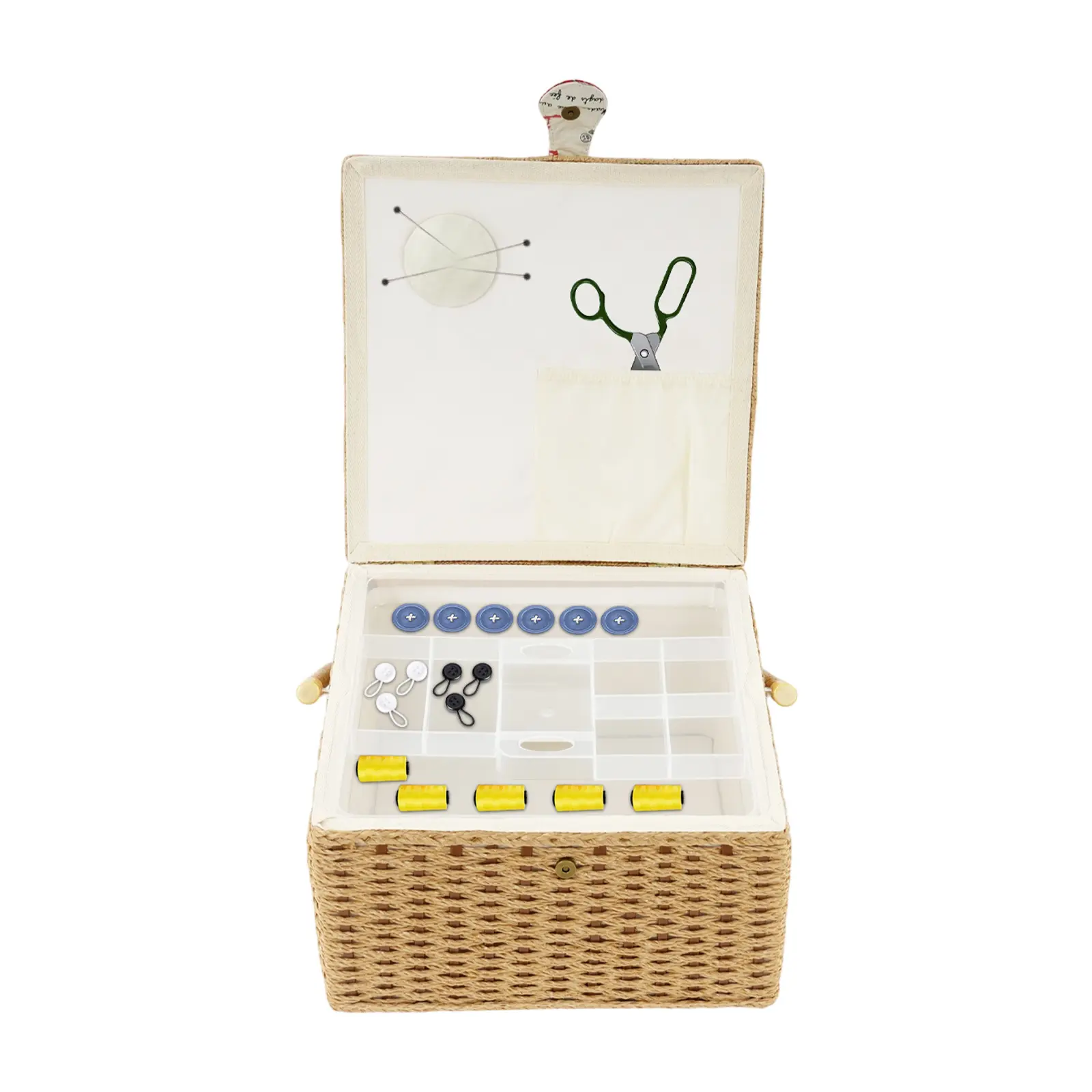 Large Sewing Basket Organizer with Pincushion and Divided Tray Portable Craft Storage Bin Jacquard Fabric Solid Wood Handle for Needles Threads Scissors Buttons for Home Sewing Room