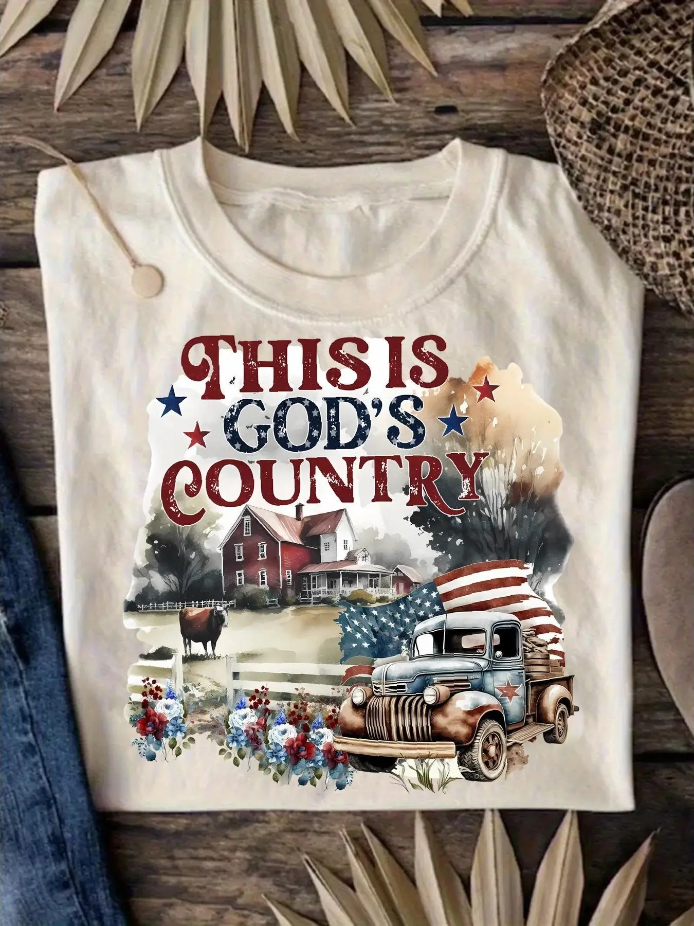 Women's 100% Cotton Oversized Crew Neck Short Sleeve T-shirt - God's Country Vintage Farm Truck American Flag Watercolor Graphic, Breathable Fabric Top for Farm Daily & Countryside Casual Outfits (2XL, 3XL), Loose-Fitting, Unisex, Aesthetic, Overalls, Lig