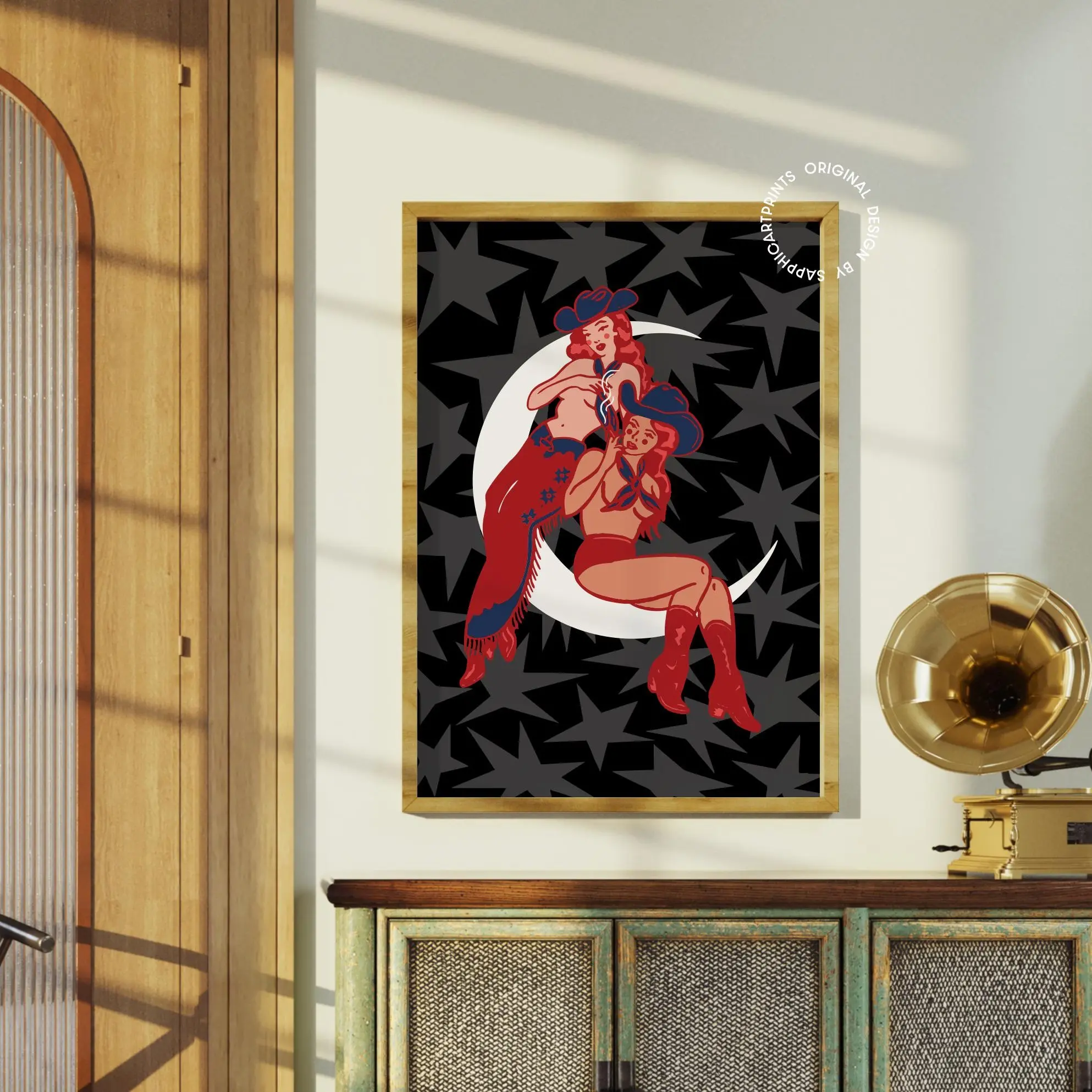 Sapphic Cowgirls Moonlight Wall Print, Lesbian Wall Decor, LGBTQ WLW Art, Sappho Western Cowgirls Poster, Retro Gay Art Print, Romantic Western Style Poster