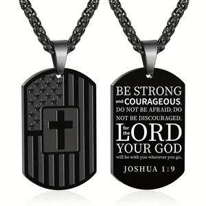 Men's Necklace Black Fashion Trend with Bible Verse Pendant Stainless Steel Cross for Strength Courage Joshua 1:9 American Flag Design