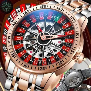 A Hollow Skeleton Design With Automatic Mechanical Movement, Stainless Steel Waterproof Business Luxury Watch For Men With A Rotating Dial On The Roulette.