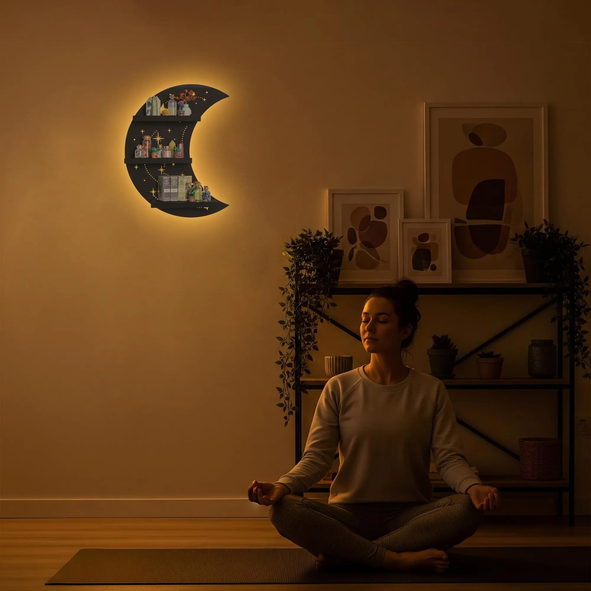 FNYDOX Crescent Moon Shelf with LED Light, Trinket Display Shelf & Moon Wall Light for Rocks Gems Healing Stones Crystals Display, Celestial Decor Crystal Holder Witchy Wall Decor