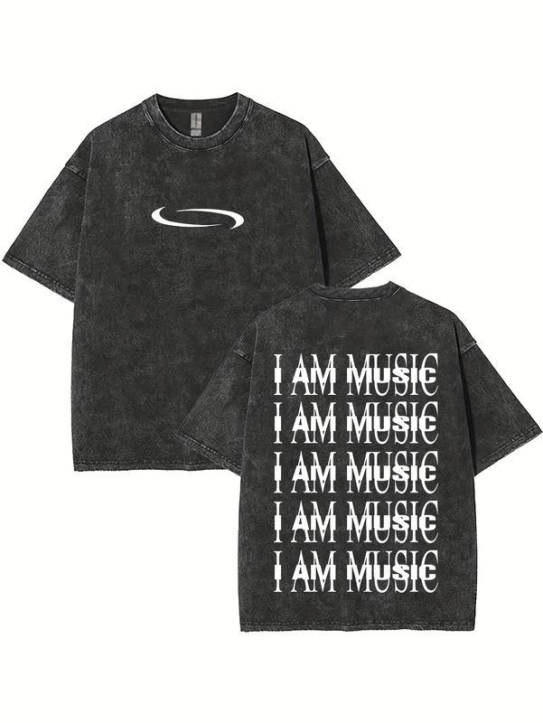 Men's Vintage Washed "I AM MUSIC" Text Pattern T - Shirt, Match Graphic Concert T - Shirt Style Valentine's Day Valentine's Day gift hooded sweatshirt festival gift round-neck sweatshirt