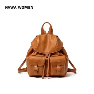 The Cognac Drawstring Daypack - Vintage Boho Backpack Soft Vegan Leather with Front Pockets for Everyday Travel