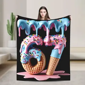 Six Seven 67 Meme Blanket - Oversized Soft Flannel Bedspread with Dripping Ice Cream & Donut Print, Funny Number 67 Design, All-Season Cozy Throw, Ideal Gift for Meme Lovers