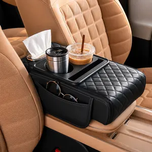 5-in-1 Car Center Console Organizer Cup Holder Storage Pockets Tissue Box Armrest Cushion Anti-Slip, Scratch-Resistant Grid Design | Must-Have for Family Trips, Rear Seat Armrest