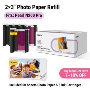 [Pearl N200 Pro 2×3" Photo Paper] Liene Pearl N200 Pro Portable Photo Printer Photo Paper 50 Sheets & 5 Cartridges, Picture Printer Sticker Paper Adhesive, Waterproof, Smudge Proof, Photo Paper Only for DMP130 for Scrapbook