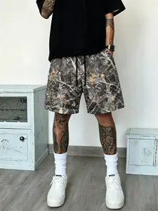 Men's Camouflage Hunting Style Shorts, Drawstring Loose Fit Outdoor Streetwear, Summer Sports Casual Pants, Leopard Pattern, Drawstring Waist Shorts
