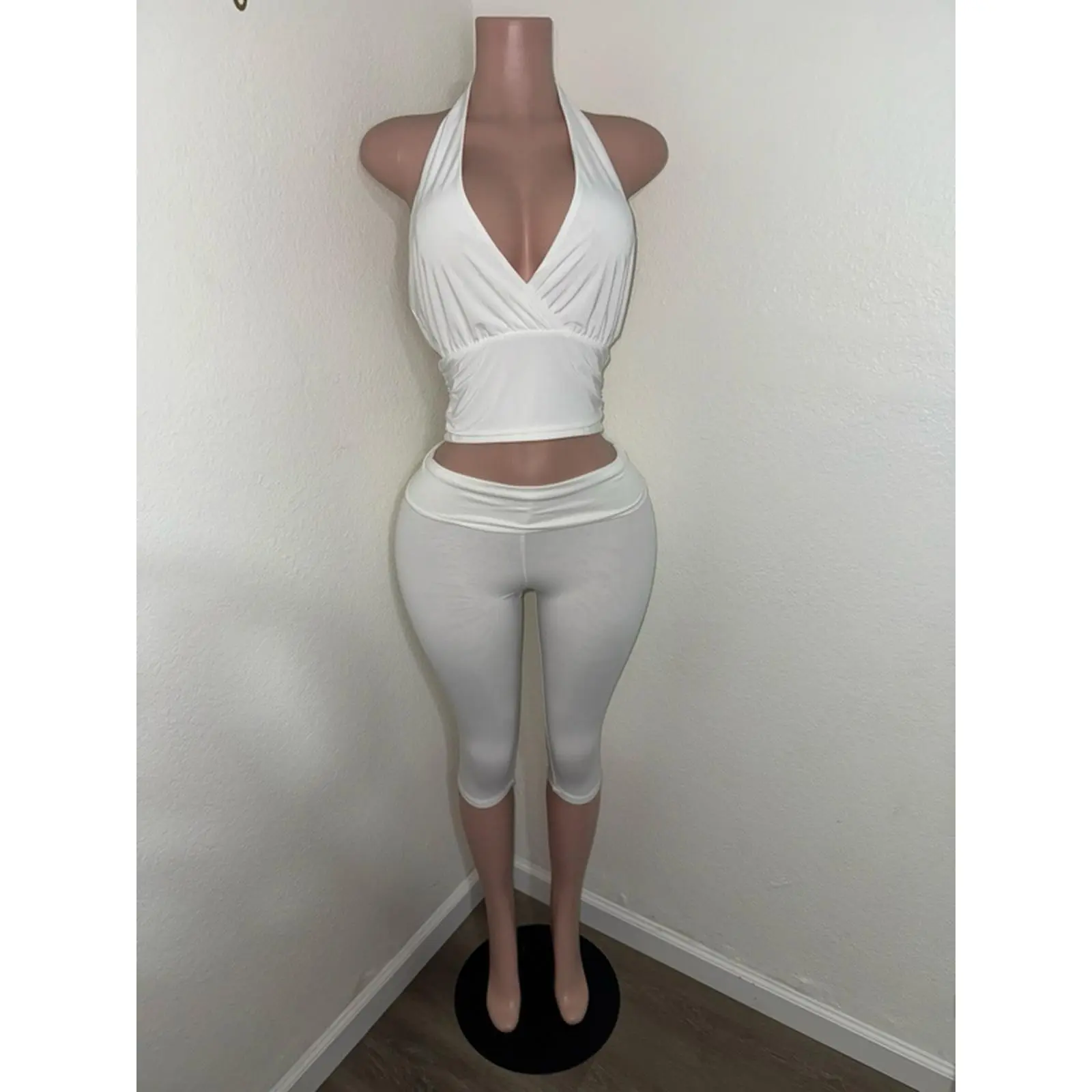 Halter Cross Over Open Back Top & Fold Over Capri Leggings Set for Women