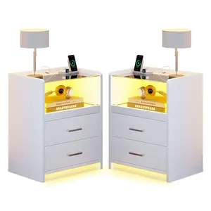 2 Pack LED Nightstand with 2 Storage Drawers White, Nightstand Sets Of 2