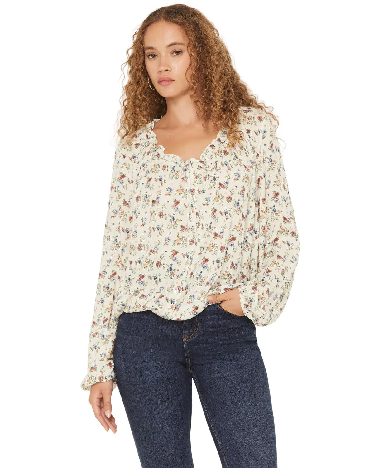 Wild Moss Women's Women'S Floral Print Long Sleeve Elastic Hem Peasant Top - Ima4416-W1813-Ivy/Dnm