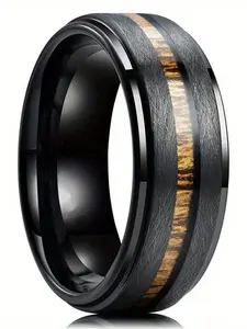 TUNGSTEN Rings 8mm Black Men's Fashion Ring Hawaiian Koa Wood inlay Matte Brushed Finish for Men Engagement Ring