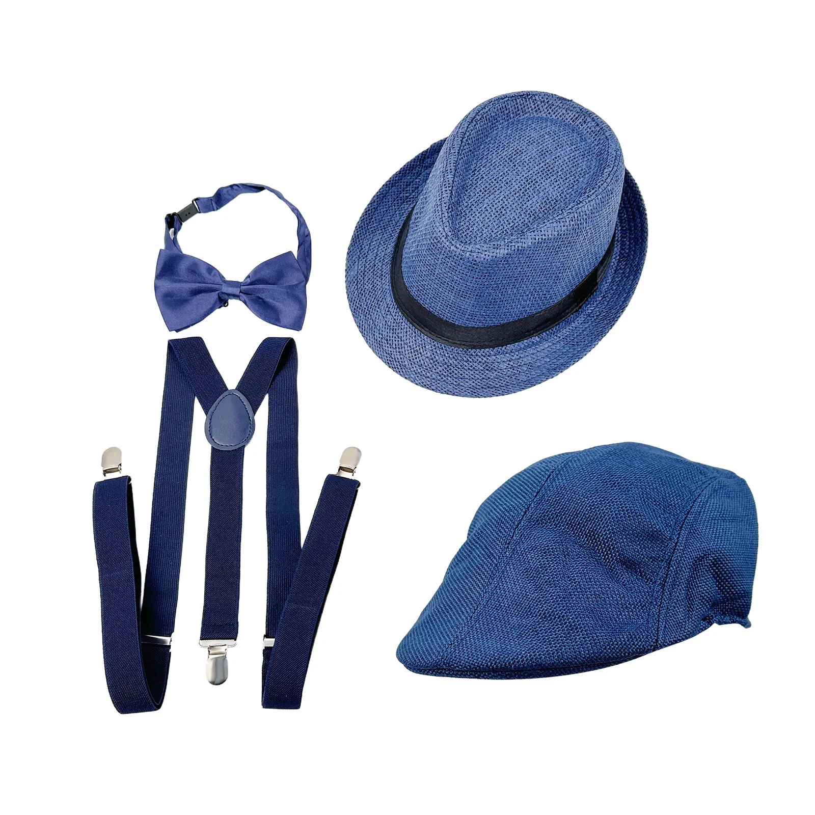 OIDEA Costume Accessory Set, Men's 4-Piece 1920s Gatsby Clothes with Breathable Linen Hats, Adjustable Suspenders for Theatrical Productions, Classic, Costume Prop, Evening, Polyester, Vintage, 1920S-Era Event, Newsboy Cap, Bow Tie, Fedora Hats, Costume P