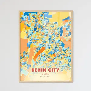 Colorful Benin City Nigeria Blue Orange Fine Art Print Map Customizable Poster Personalized Gift