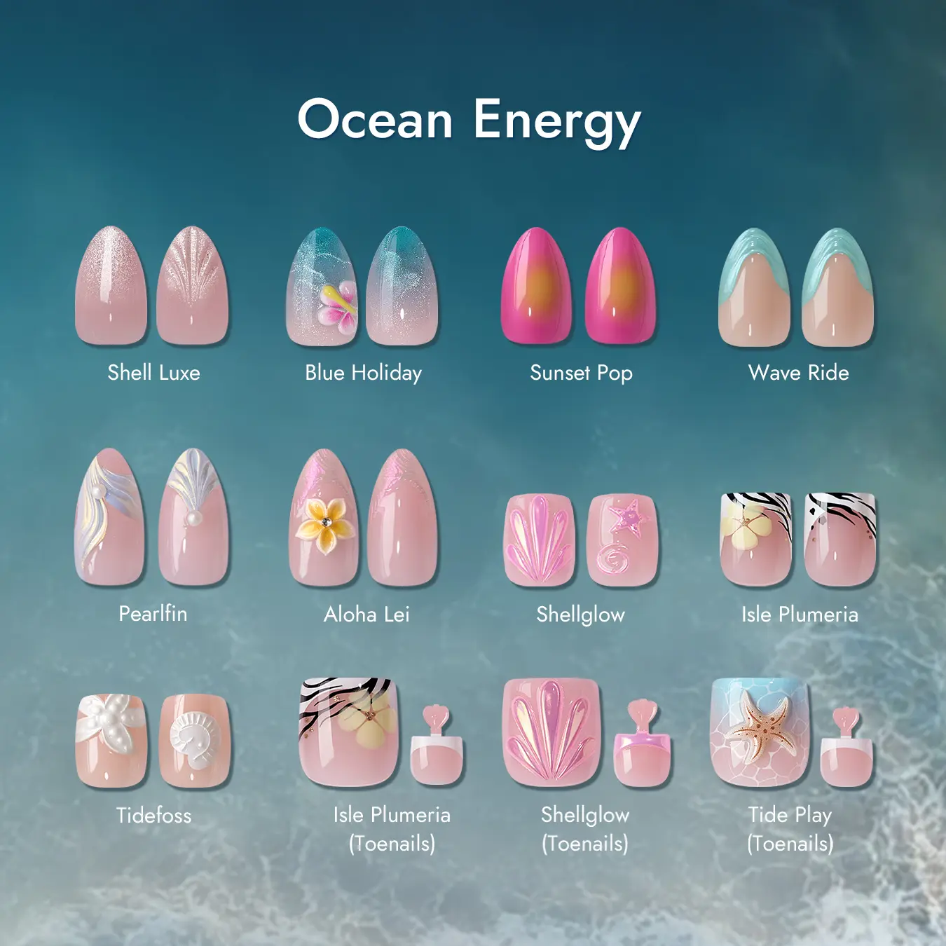 [Buy 1 Get 1 Free Glue]BTArtbox Press On Nails - Ocean Energy Short Press On Nails with Glue for Women, Square or Almond Opaque Soft Gel Glue On Nails in 16 Sizes - 32 Stick On Nails Kit, 3D Design, Summer Vacation Party