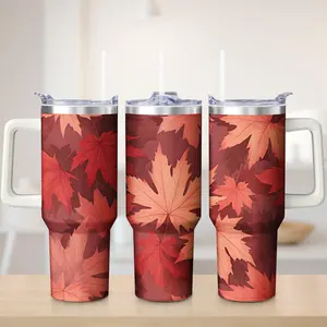 Double Wall Vacuum Tumbler Mug Red Autumn Maple Leaf Pattern Outdoor Camping Hiking Travel Use