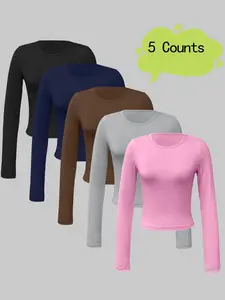 Women's Solid Color Long Sleeve Round Neck Crop Tee, Casual Basic Fitted Crew Neck T-Shirt for Daily Wear, Ladies Clothes for All Seasons