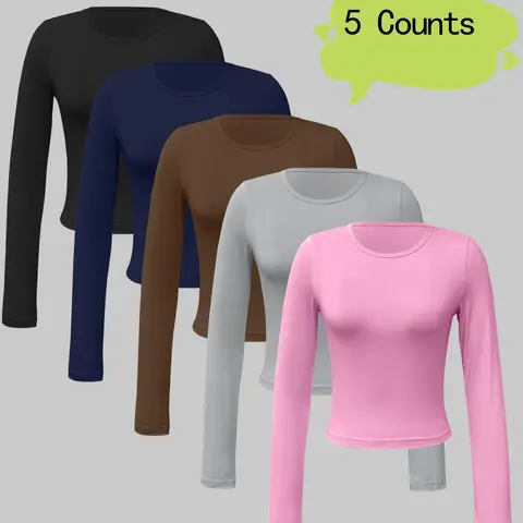 Women's Solid Color Long Sleeve Round Neck Crop Tee, Casual Basic Fitted Crew Neck T-Shirt for Everyday Wear, Ladies Clothes for All Seasons, Tops, Womenswear