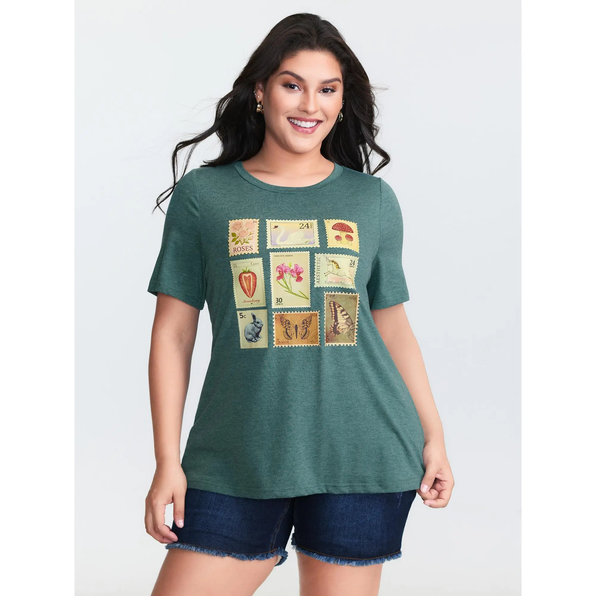 BloomChic Women's Plus Size Casual Top, Regular Fit Short Sleeve Teal T-Shirt with a Vintage Stamp Art Print and Soft Spandex Feel, Garment, Shortsleeve, Tshirt, Fabric, Low Iron, Comfy Casual