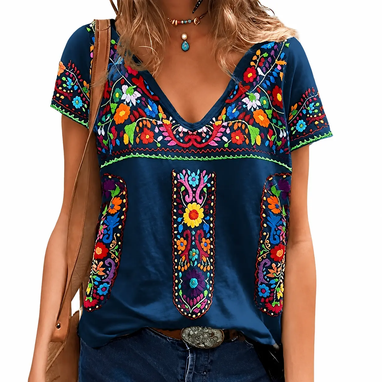boho clothes women，Fiesta Mexican Shirts for Women V Neck Floral Print Boho Short Sleeve Casual Embroidered Tops