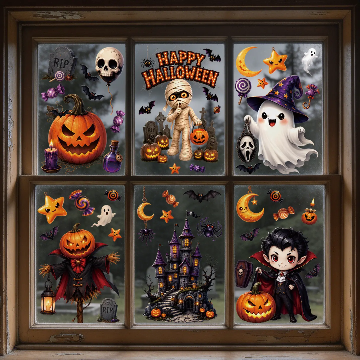 Decorative Halloween Glass Window Stickers Set - 6 Sheets, 42PCS Cute Spooky Clings with Pumpkin, Ghost, Bat, Vampire, Castle & Mirror Accents for Home Party Decorations