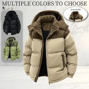 Autumn and winter men's colorblock hooded cotton jacket with detachable collar, vintage corduroy patchwork design, versatile styling options in multiple colors to suit individual preferences, perfect for everyday street style, , or hanging Menswear Coats