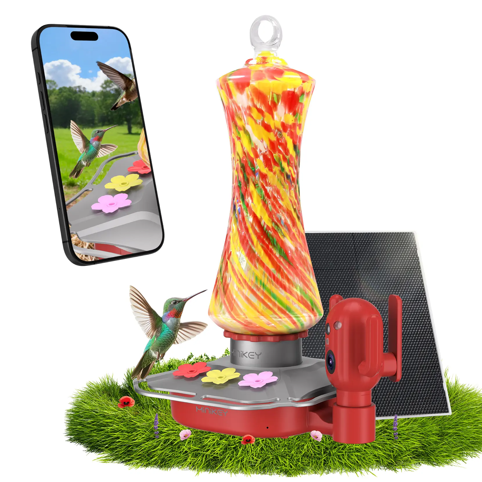 Minikey 26oz Glass Smart Hummingbird Feeder with Solar-Powered 4MP HD Camera,2.4GHz Wi-Fi,AI 300+ Species ID,Bird Alerts,Water Level Detection,Leakproof,Built-in Ant Moat - Ideal Gift for Bird Lovers