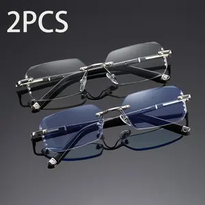 2pcs Frameless Blue Transparent Reading Glasses - Elegant & Simple Design, Durable Tr90 Material, Unisex Adult Lens for Workplace, Home, and Social Gatherings