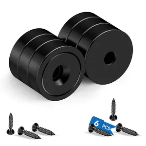 40LBS Rare Earth Magnets, 6 Pack Black Neodymium Round Magnets with Hole, Screws for Tool Room, Cabinet and Wall Mounting - 0.78 x 0.2 inch