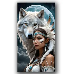 Wolf and Woman Big Size Moon Landscape 5D Diamond Art Kit, Full Round Drill DIY Rhinestone Embroidery Set, Home Wall Craft Decoration, Diamond Painting Kits