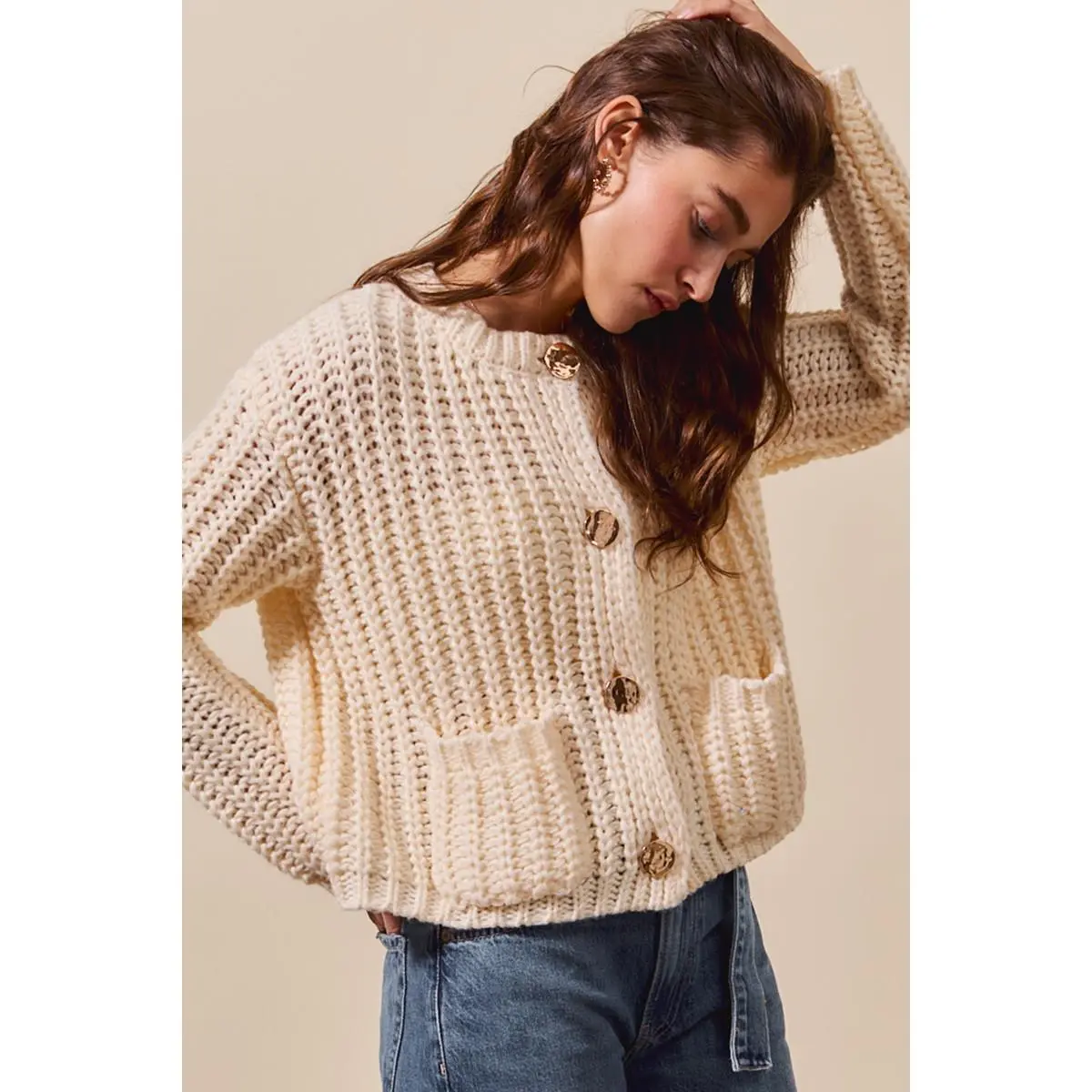 SO ME Metal Button Long Sleeve Chunky Sweater Cardigan