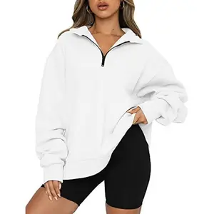 White Womens Oversized Sweatshirts Hoodies Half Quarter Zip Pullover Long Sleeve Sweaters Teen Girls Fall Clothes Womenswear Tops Underwear Lady