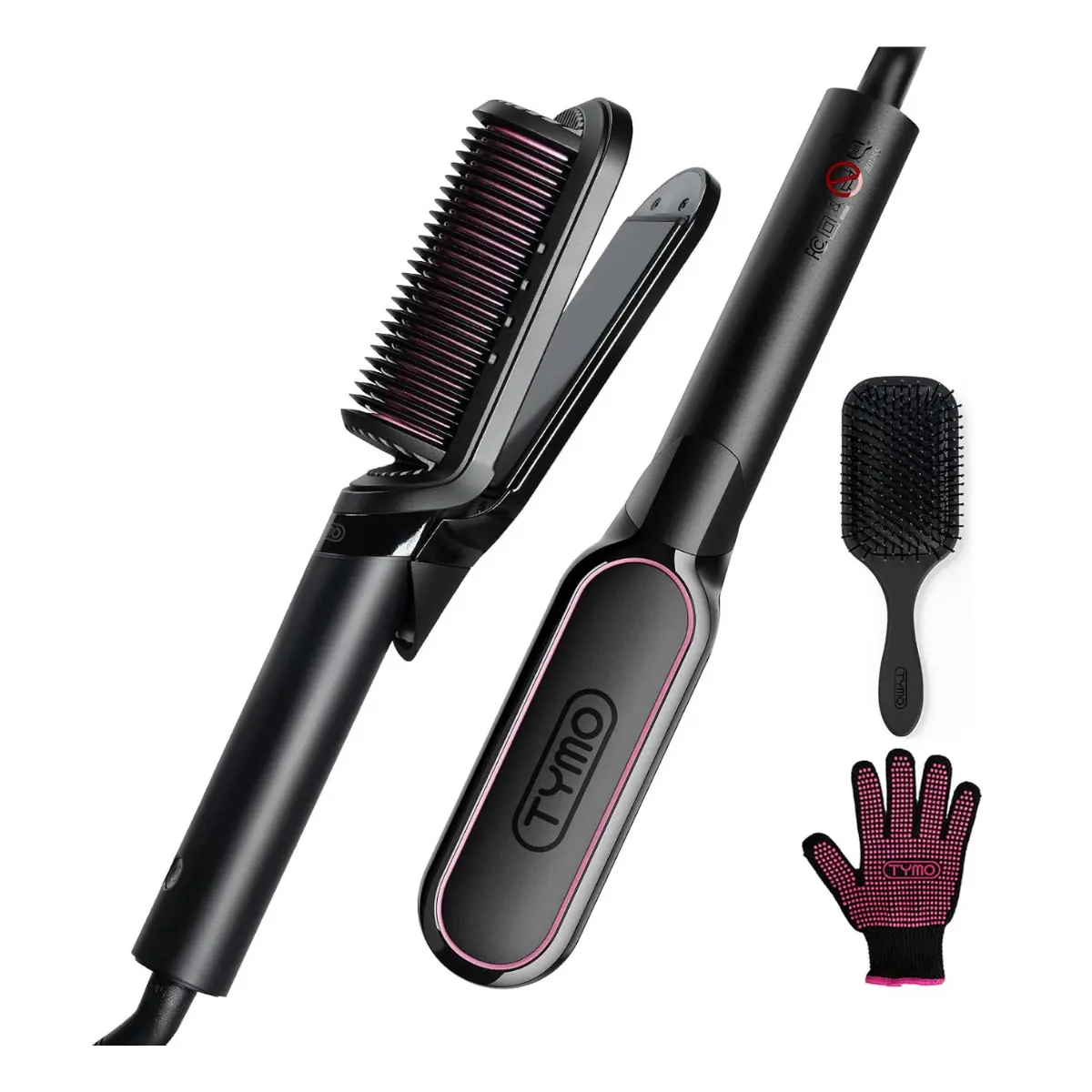 TYMO Flat Iron Hair Straightener Brush 2 in 1, 200M Ions Hair Straighteners for Women, Ceramic Straightening Hot Comb for Anti-Frizz Straights, Waves, Curl, 3X Less Heat Damage, Dual Voltage, Black