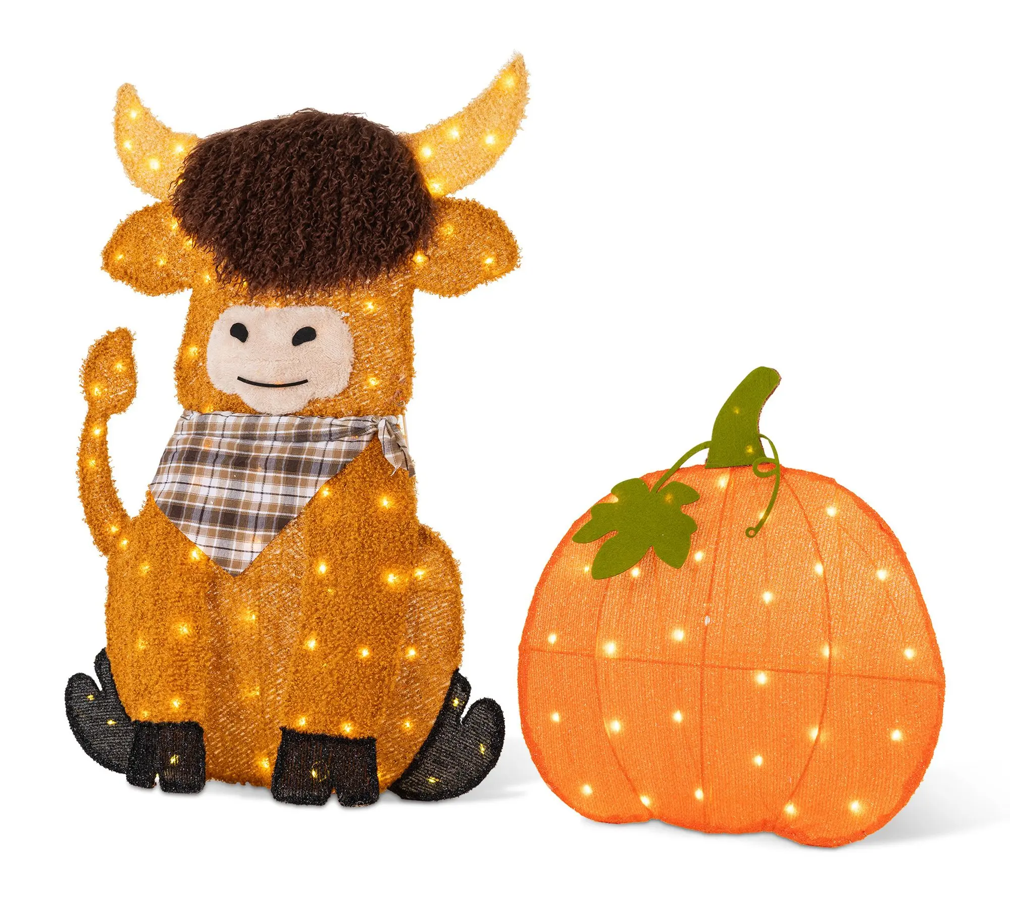 Glitzhome S/2 Fall Lighted Pumpkin Highland Cow Outdoor Decor