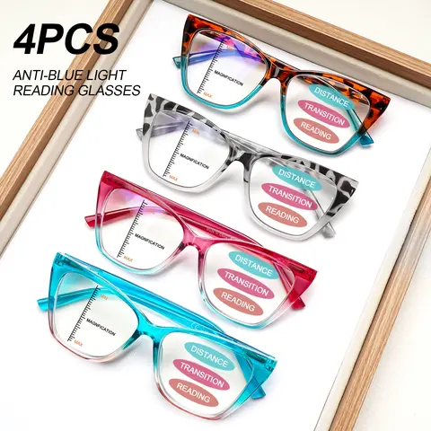 4 Pack Progressive Multifocal Reading Glasses for Women, Blue Light Blocking Cat-Eye Square Frames with Leopard Print & Gradient, Spring Hinge Computer Readers