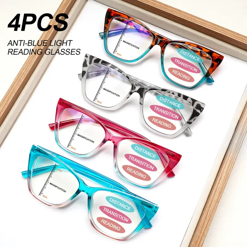 4 Pack Progressive Multifocal Reading Glasses for Women, Blue Light Blocking Cat-Eye Square Frames with Leopard Print & Gradient, Spring Hinge Computer Readers
