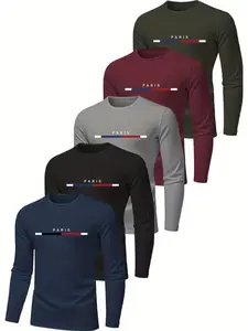 Men's Paris Style Long Sleeve Plain T-Shirt Set, Quick-Dry Breathable Casual Fit, Spring & Fall Daily Wear, Comfortable Inner Layer, Top