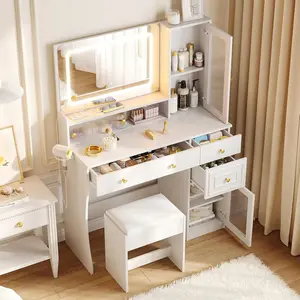 Vabches Makeup Vanity with Mirror and Lights,40inch Vanity Desk,3 Lighting Modes and Charging Station,Vanity Table and Chair Set,White