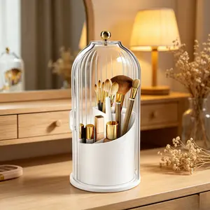 360° Rotating Makeup Brush Holder Organizer, Dustproof & Waterproof, with 3 Compartments for Neat Storage, Clear Cosmetic Storage Container for Vanity & Skincare Organization