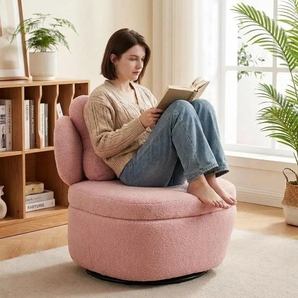 Garvee Teddy Swivel Cuddle Chair, Round Swivel Accent Chair with 360° Rotating Metal Base, Comfy Upholstered Boucle Reading Armchair, Leisure Single Sofa for Living Room Bedroom - Pink