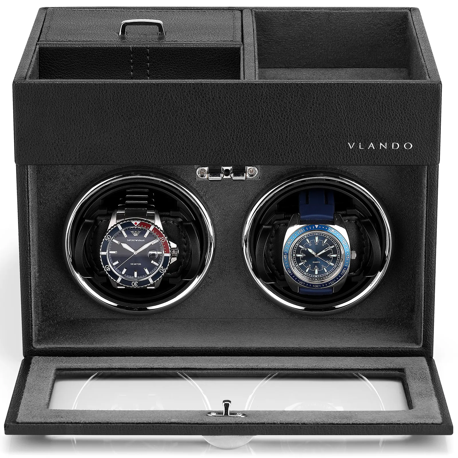 Vlando Automatic Double-Slot Watch Winder with Jewelry Organizer Tray - Quiet Motor, LED Lights, Adjustable Pillows, Wristwatch Storage, Watch Accessories - Ideal for Father’s Day, Anniversary Gifts for Dads